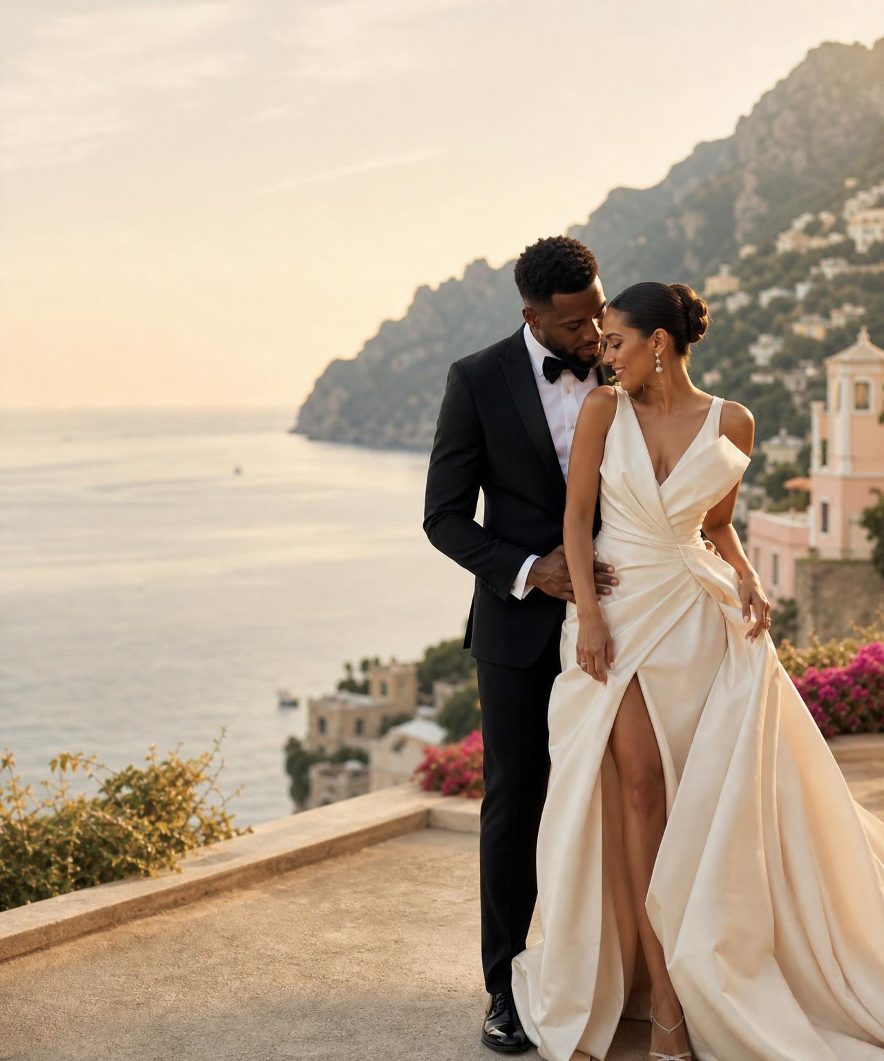 Bride overlooking the Mediterranean coastline at golden hour