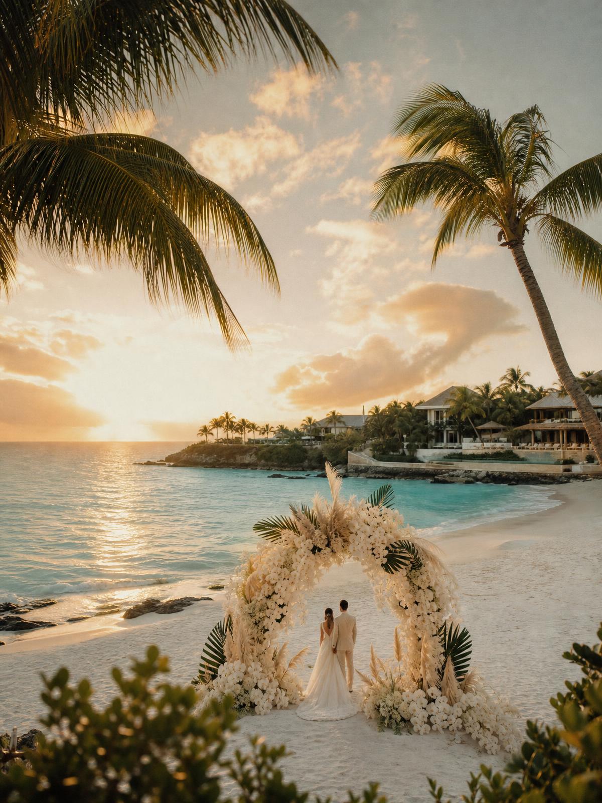 Caribbean beachfront wedding ceremony with a monumental ivory floral arch overlooking turquoise water at sunset