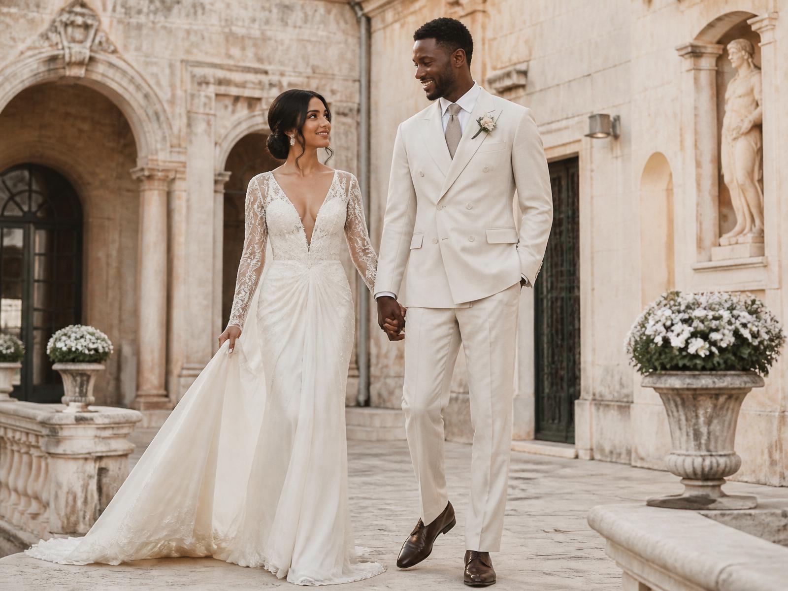 Bride and groom in a European courtyard